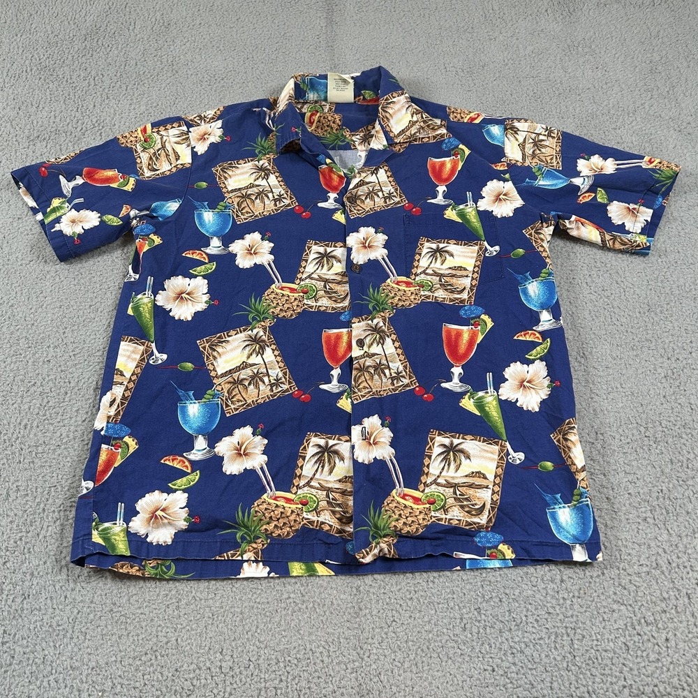 Winnie Fashion Shirt Mens XL Blue Hawaiian Cocktail Print Button Up Made Hawaii - Picture 3 of 12
